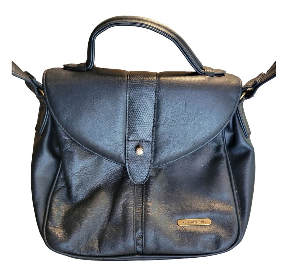 Kathy Lee Collection Black Leather Purse Handbag Crossbody 9x10 adjustable strap